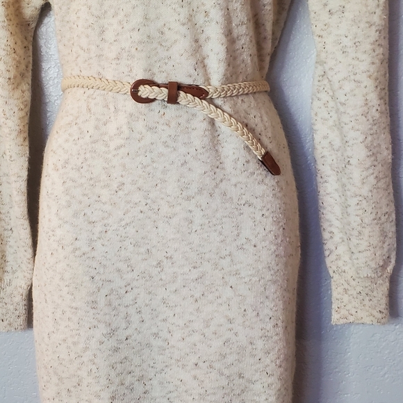 Neutral Mock Neck Belted Cream Knit Sweater Dress Size Medium - Picture 2 of 8